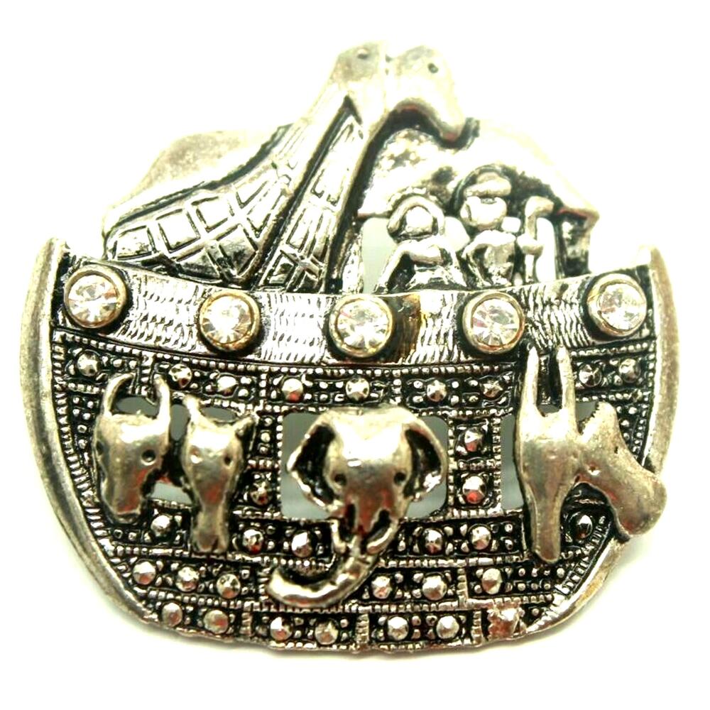 Noah's Ark Silvertone Rhinestone Brooch Pin • Giraffes Elephants, etc.
